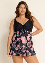 Charming Plus Size Pink Floral Print Knot Front One Piece Swimdress