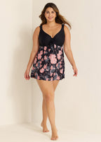 Charming Plus Size Pink Floral Print Knot Front One Piece Swimdress