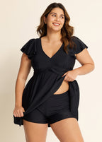 Stylish V Neck Ruffle Sleeves Swimdress Top