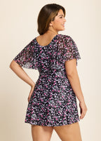 Romantic Floral Flounce Sleeve Square Neck Swimdress Set
