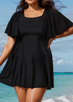 Black Ruffle Sleeves Square Neck Modest Plus Size Swimdress Swimsuit Top