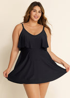 Black Layered Ruffle Trim Adjustable Strap Elegant One Piece Swimdress