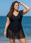Mesh Skirt Hem And Sleeves One Piece Swimsuit With Cross Front Design