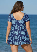 Blue Leaf Print Front Knot Short Sleeve Swimdress Set