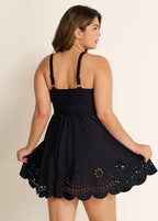 Curvy Black Laser Cut Ruched Swim Skirts For Women One Piece Swimdress