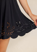 Curvy Black Laser Cut Ruched Swim Skirts For Women One Piece Swimdress