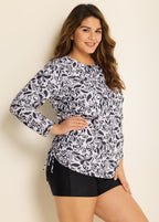 White Round Neck Long Sleeve Floral Printed Side Tie Plus Size Tankini Top