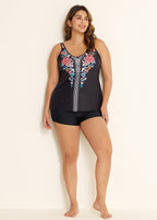 Plus Size Tribal Printed Adjustable Straps Tankini Top