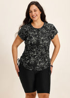 Black Floral Upf50+ Short Sleeves Zipper Drawstring Curvy Swimsuit Rash Guards Tankini Top