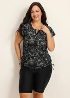 Black Floral Upf50+ Short Sleeves Zipper Drawstring Curvy Swimsuit Rash Guards Tankini Top