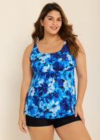 Curvy Blue Floral Modest Retro Swimsuit And Swimwear Tankini Top
