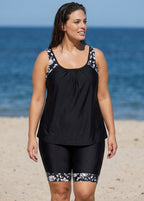 Plus Size Black Floral Print Round Neck Modest Tankini Set
