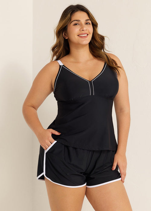 Black And White Sporty Comfortable Plus Size Tankini Top