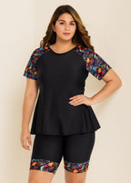 Black Plants Pullover Short Sleeve Modest Plus Size Fashion Casual Tankini Set