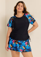 Black Floral Print Side Drawstring Plus Size Tankini Top