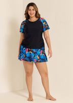 Black Floral Print Side Drawstring Plus Size Tankini Top