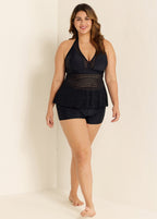 Black V Neck Cut Out Backless Lace Up Tankini Top