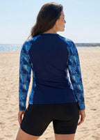 Plus Size Blue Leaf Scoop Neck Upf50+ Long Sleeves Vintage Zipper Women's Swimsuit Tankini Top