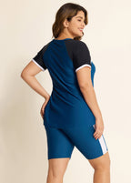 Navy And Black Colorblock Raglan Sleeves Short Sleeves Swimsuit Tankini Set