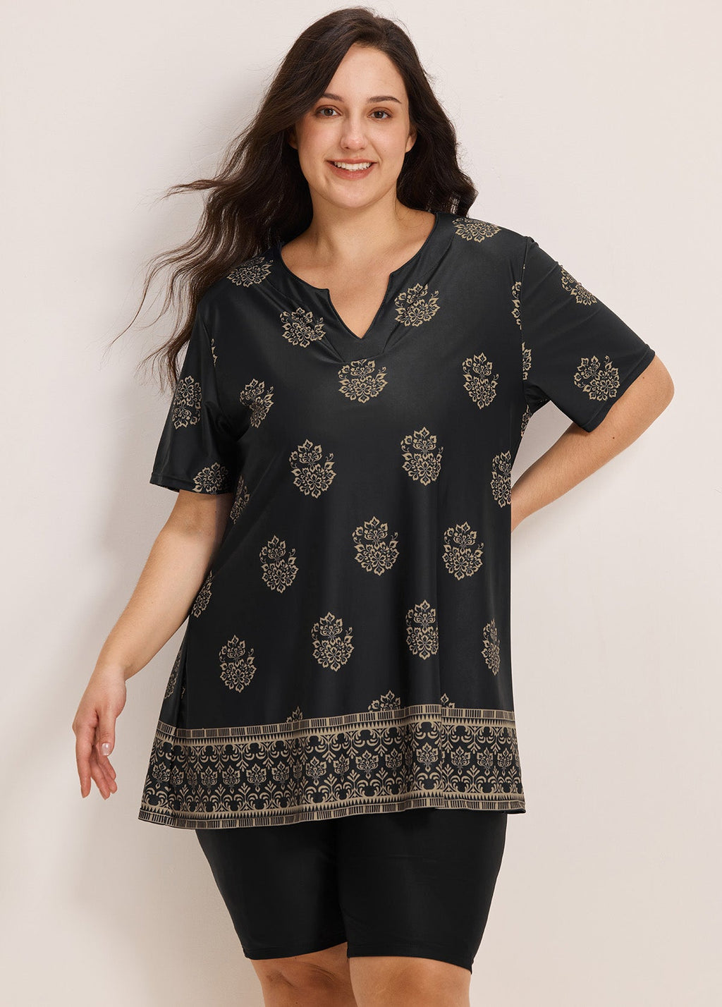 Curvy Black Floral V Neck Loose Short Sleeves Swimsuit Tankini Top