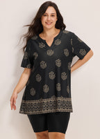 Curvy Black Floral V Neck Loose Short Sleeves Swimsuit Tankini Top
